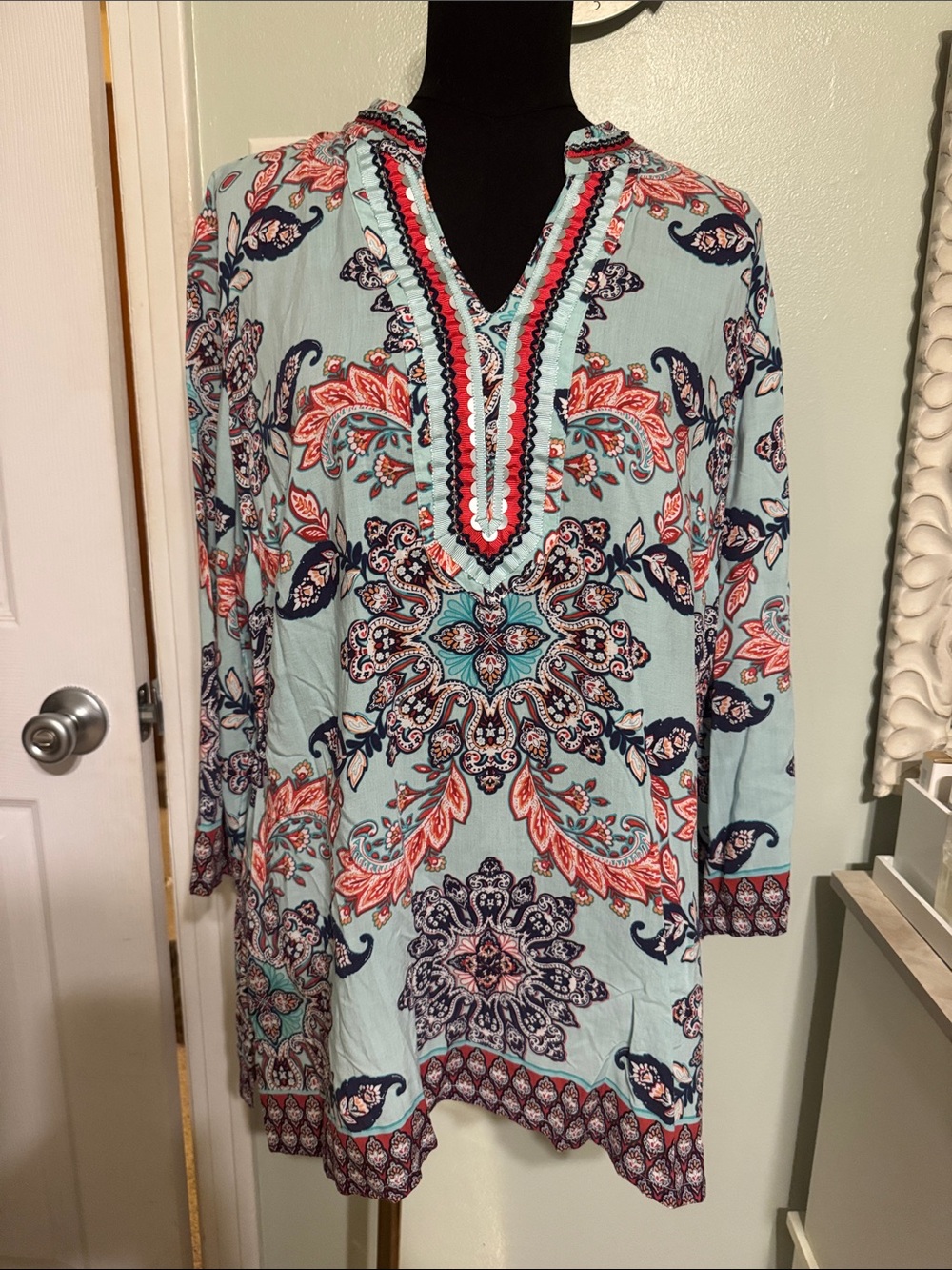 Charter Club Light Blue Paisley-Print Tunic with Coral Trim